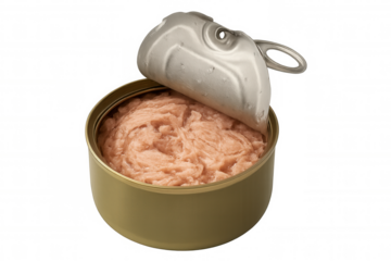 Open tin can preserving tuna fish flakes with an easy-open pull tab, isolated on transparent background