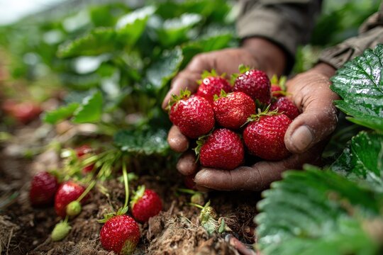 African American man harvesting ripe strawberries in a lush field, showcasing the vibrant red fruit and green foliage, emphasizing agricultural labor and connection to nature