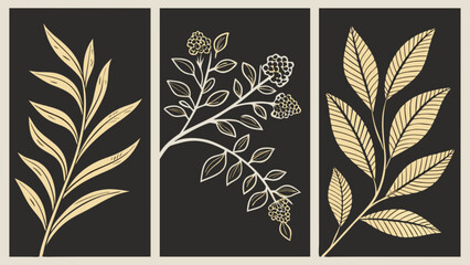 A set of three botanical illustrations featuring golden leaves and branches on a dark background, creating a modern and stylish aesthetic for wall art or design projects