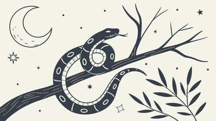 A snake coils around a branch under the moonlight, evoking a sense of mystery, nature, and symbolic representation in a stylized illustration