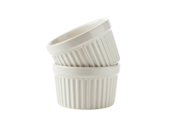 Stack of two ceramic ramekins PNG isolated on transparent background, small baking dishes for soufflé and individual desserts