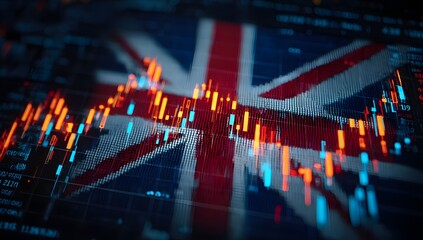 Abstract representation of the united kingdom flag overlaid with a dynamic financial stock market trading chart showing fluctuating economic data and trends
