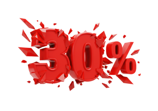 Red 30 percent discount isolated PNG on transparent background, promotional sale offer for marketing and advertising campaigns