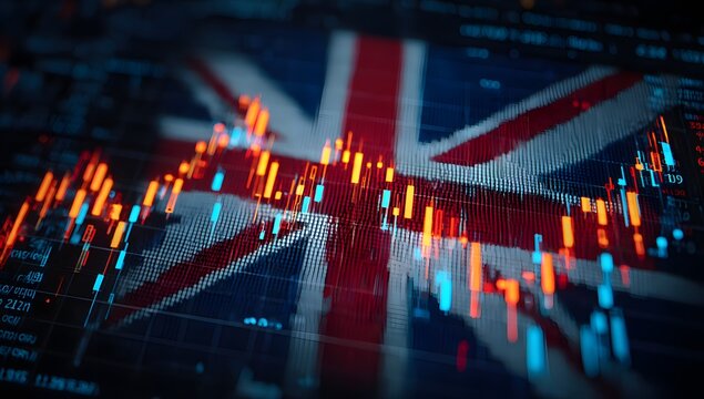 Abstract representation of the united kingdom flag overlaid with a dynamic financial stock market trading chart showing fluctuating economic data and trends