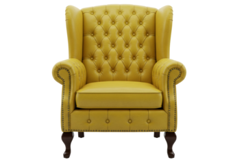 Elegant yellow tufted armchair PNG isolated on transparent background, vintage wingback chair with nailhead trim for interior design
