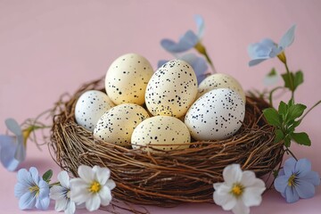 Close-up of a bird nest filled with speckled eggs surrounded by delicate blue and white flowers on a soft pink background