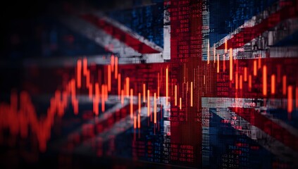 Abstract representation of the united kingdom flag overlaid with a fluctuating financial market graph showing economic trends and data analysis