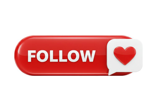 Red follow button with heart isolated PNG on transparent background, social media like icon for website and app design