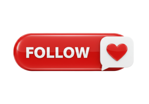Red follow button with heart isolated PNG on transparent background, social media like icon for website and app design