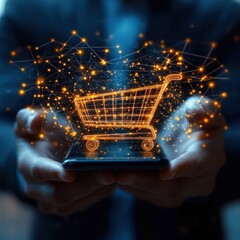 Hands holding a smartphone projecting a glowing digital shopping cart surrounded by connected network nodes and lines symbolizing online shopping and digital commerce