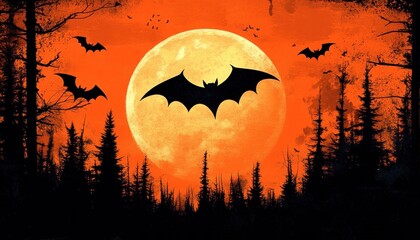 Silhouettes of bats flying over a dark forest with an orange sky and a large full moon creating an eerie nighttime scene