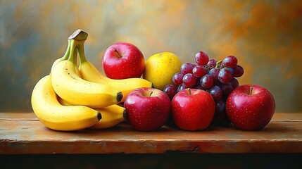 A vibrant still life arrangement of bananas, red and yellow apples, and a bunch of red grapes on a rustic wooden surface with a warm, textured background
