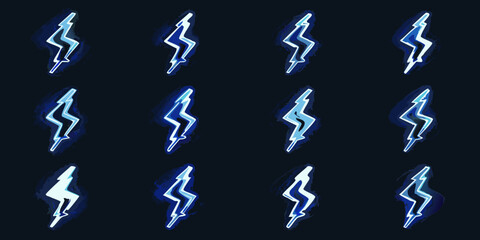Collection of twelve stylized blue lightning bolt icons with a dark background and glowing effect