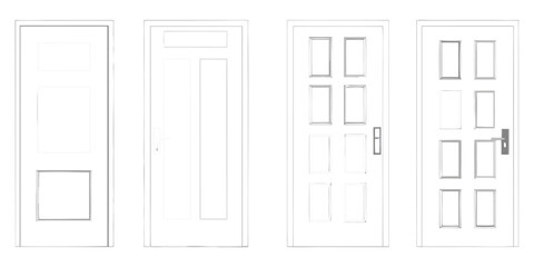 Collection of four different white interior doors with panel designs and door handles on a white background