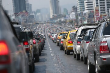Traffic congestion on a busy urban street filled with various vehicles including cars and taxis, showcasing the challenges of city commuting and transportation dynamics
