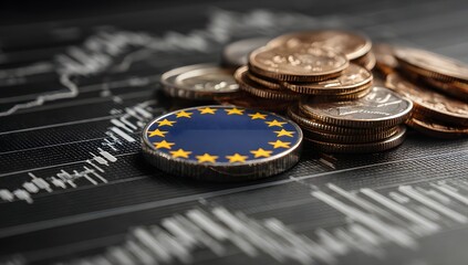 Close up of european union coins and currency stacked on a financial chart representing economic growth and investment opportunities in the eurozone