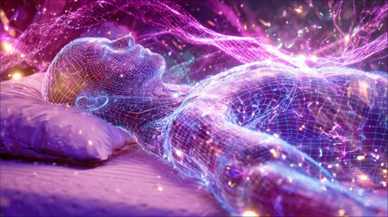 futuristic human sleeping on a , holographic wireframe body glowing with blue and violet light, illuminated brain emitting electric pink and golden