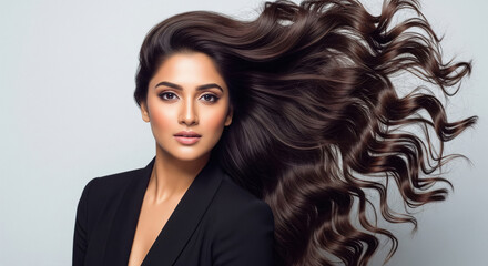 Beautiful Woman with Luxurious Voluminous Dark Wavy Hair