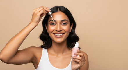 Smiling Indian Woman Applying Skincare Serum for Healthy Radiant Skin