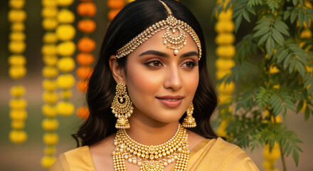 Elegant Indian woman with exquisite gold jewelry in festive setting