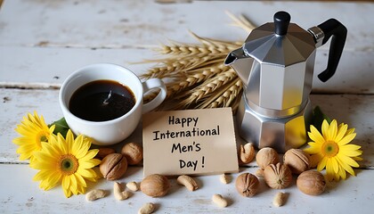 Coffee, flowers, and a message celebrating international mens day on table