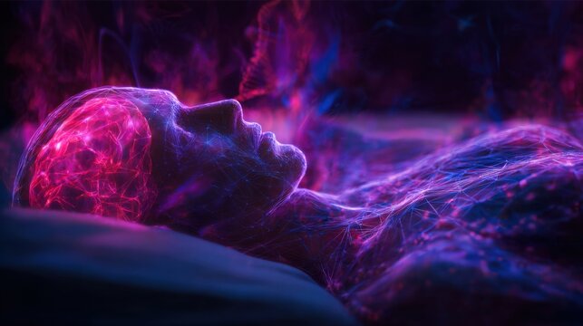 futuristic sleeping human with glowing neural network body, lying on a , illuminated brain radiating pink and purple light, digital energy waves