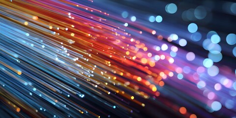 Abstract close up view of illuminated fiber optic strands transmitting data with vibrant orange and blue light trails creating a bokeh effect in the background