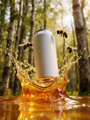 A bold honey-infused energy drink can levitating midair