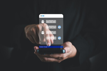 A person interacts with virtual chatbot interface on smartphone, illustrating AI-powered communication, digital assistant technology and natural language processing on mobile devices.