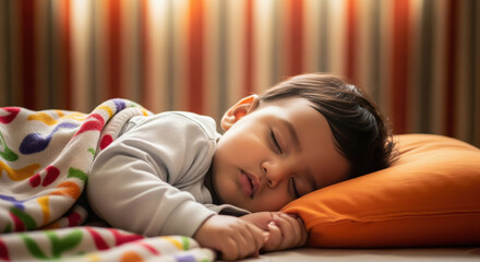 Peaceful Baby Sleeping Soundly on Orange Pillow with Colorful Blanket