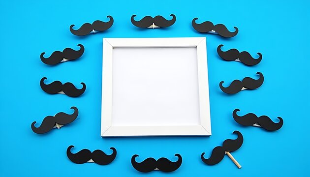 Mustaches surrounding a white frame on a vibrant blue background, studio shot