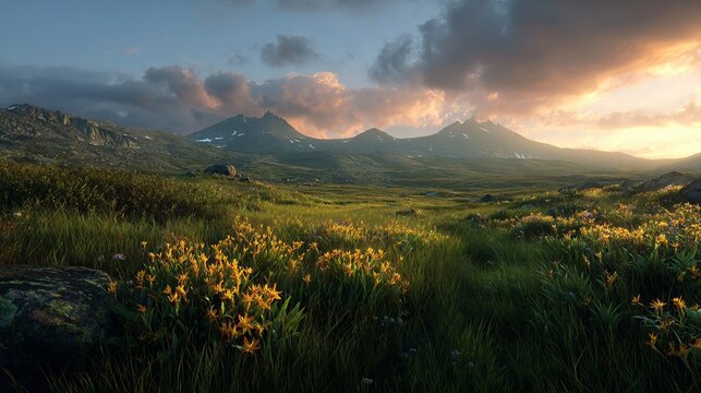 Golden sunbeams illuminate a vibrant alpine meadow with wildflowers and majestic mountains at dawn - Powered by Adobe
