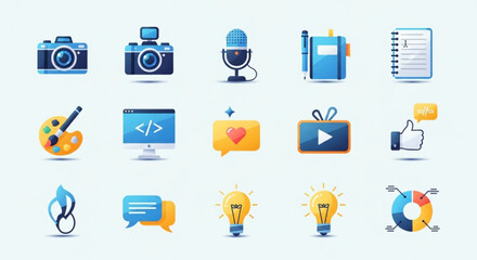 Set of social media and marketing icons, blogging and content creation, digital communication and online business