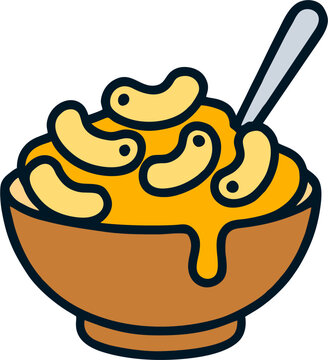 Cartoon Macaroni Cheese Bowl Vector Illustration, Creamy Cheesy Pasta with Spoon