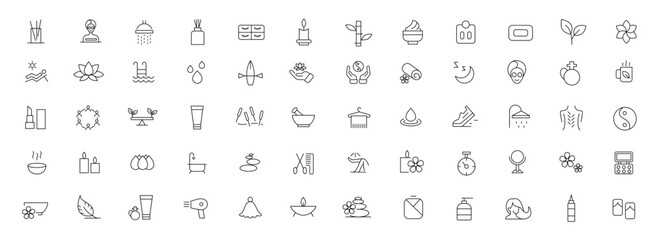 Beauty and spa icon set. Wellness, spa treatments, skin care, massage, hyaluronic acid, serum, anti ageing, pore tighten, cosmetology line icon collection. Cosmetics services & Spa icons