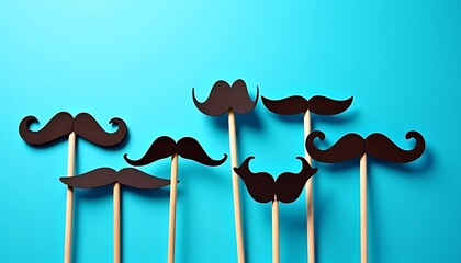 Collection of mustache props on sticks against a bright blue background