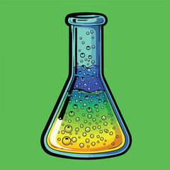 Erlenmeyer flask illustration filled with colorful liquid and bubbles science experiment concept