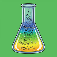 Erlenmeyer flask with colorful liquid and bubbles vector illustration for science and chemistry expe