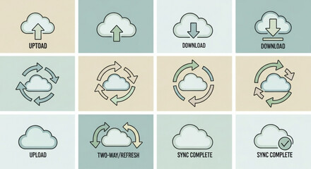 Set of cloud computing icons, representing data transfer, synchronization, and storage in a modern, minimalist style