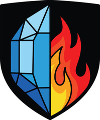 Ice and fire emblem vector illustration of opposing elements isolated on black shield