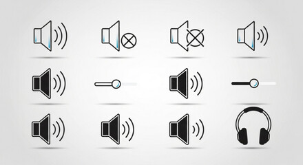 Sound and volume icons set of speaker, mute, slider, and headphone symbols vector illustration of audio control elements