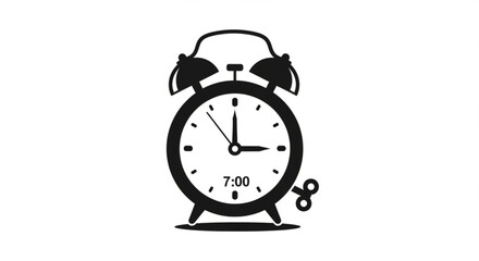 A classic alarm clock icon in black and white, showing the time at 700, representing punctuality and wakeup call
