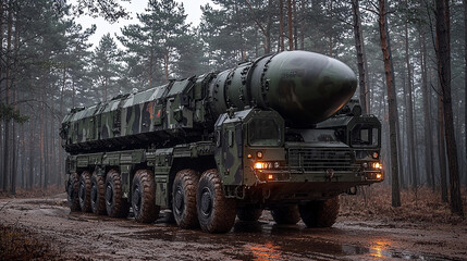 Fototapeta premium Mobile military missile launcher in forest setting Generative AI