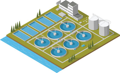 Modern wastewater treatment plant illustration, 3D isometric view, clean water facility, water purification system, eco-friendly industrial infrastructure concept