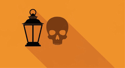 Halloween lantern and skull silhouette on orange background