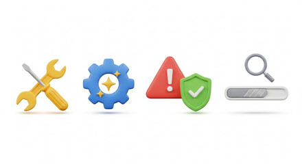 Collection of 3d maintenance icons, featuring tools, settings, security, and progress, ideal for illustrating technical support and system optimization