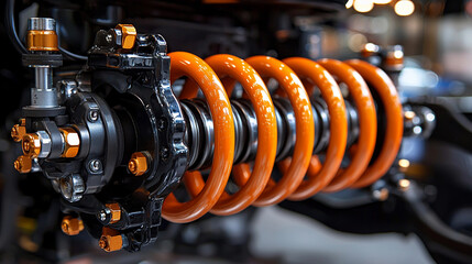 Obraz premium Detail of car suspension system featuring orange spring Generative AI
