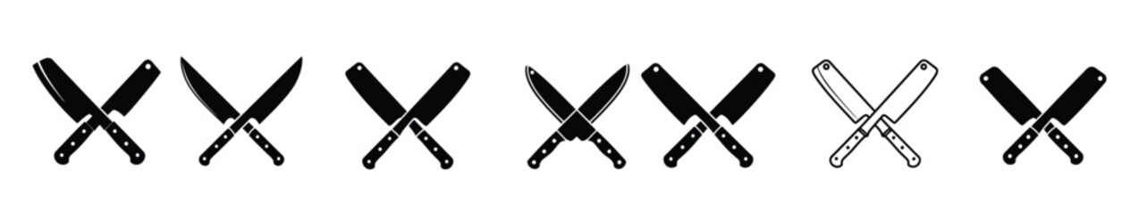 black kitchen knife icon set with simple grid style 