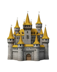 Enchanting medieval castle with golden spires, perfect for fantasy illustrations, fairytale book covers, and magical kingdom designs, inviting adventure and wonder