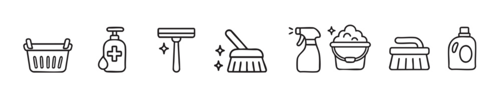 Black outline of cleaning tools and supplies set including spray bottle, mop, gloves, brush and other, isolated on white background. household chores, cleanliness, home maintenance, icon collection